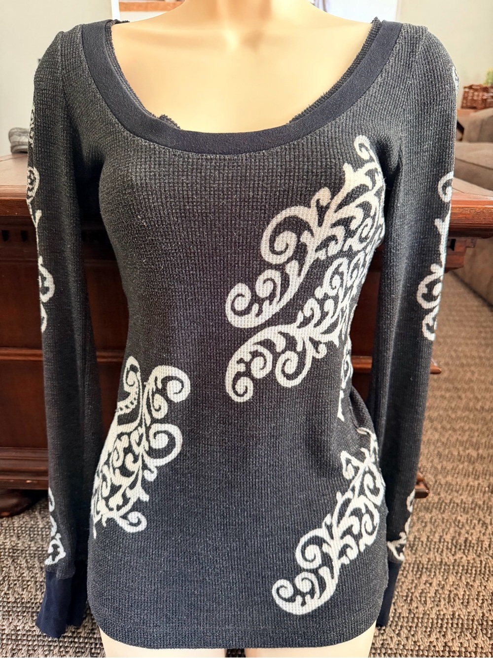 Free People Vintage Y2K Waffle Thermal Top Charcoal M